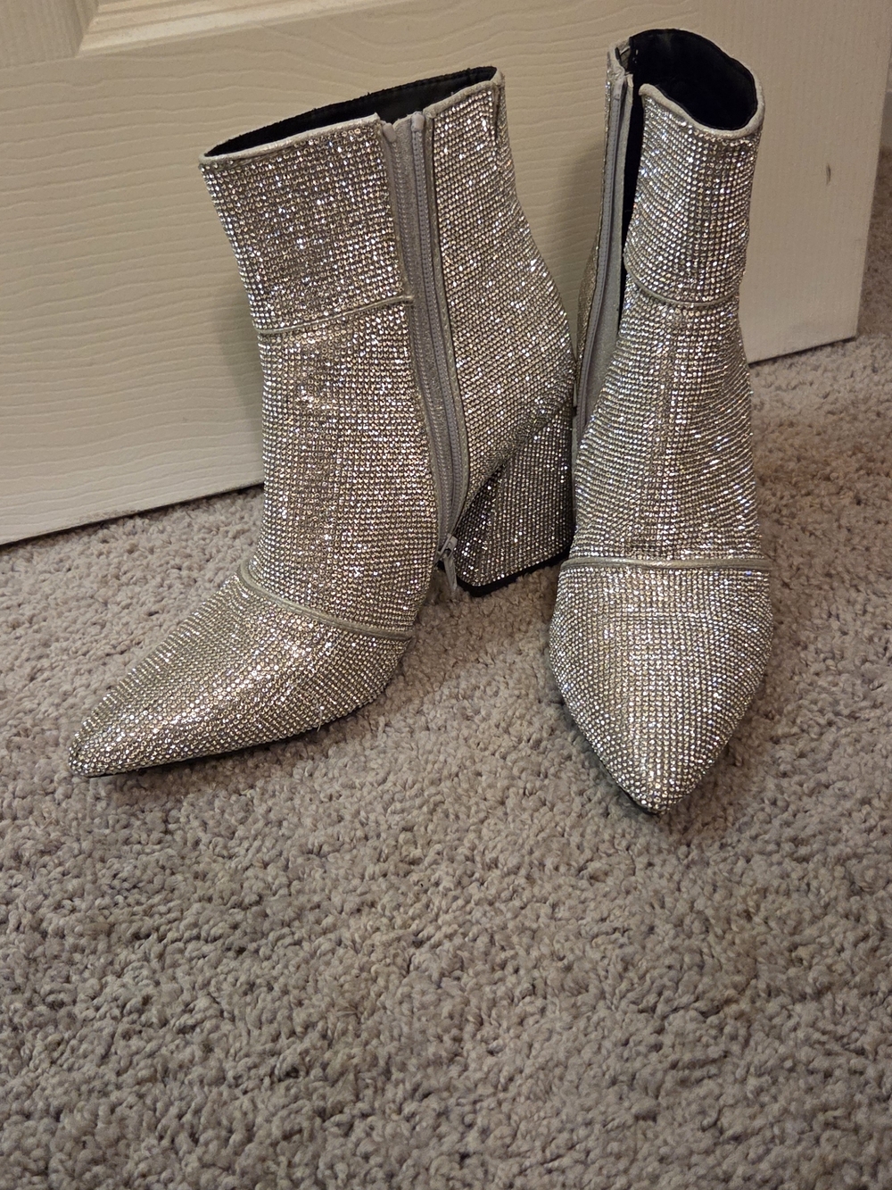 Silver Crystal Embellished Pointed-Toe Ankle Boots
